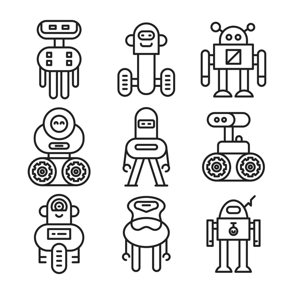 cartoon robot icons set line art vector