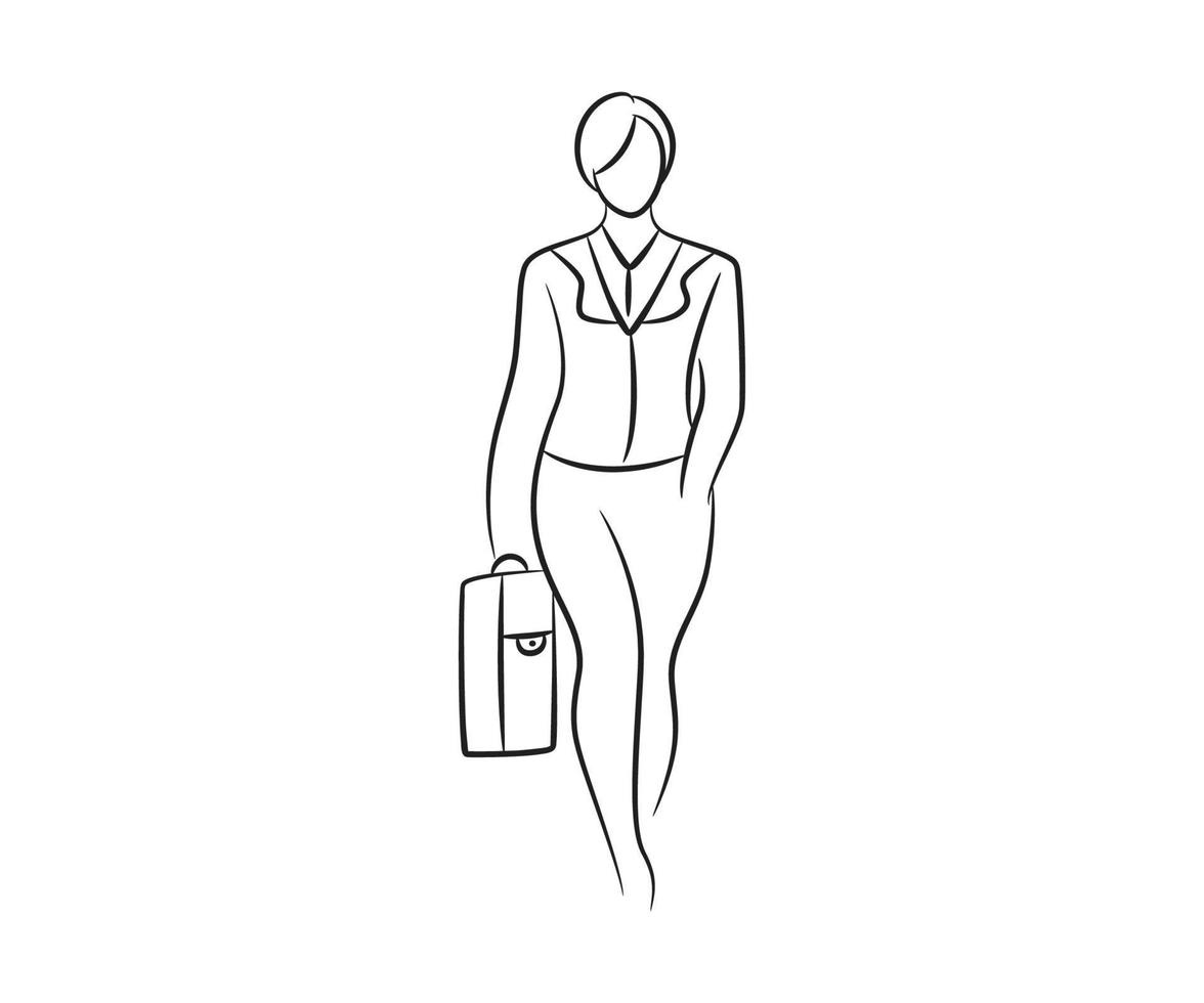 bosquejo, mujer de negocios, tenencia, maletín, línea, ilustración vector