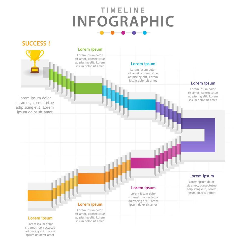 plantilla infográfica para negocios. Diagrama de línea de tiempo moderno de 6 pasos con escaleras 3d, infografía vectorial de presentación. vector