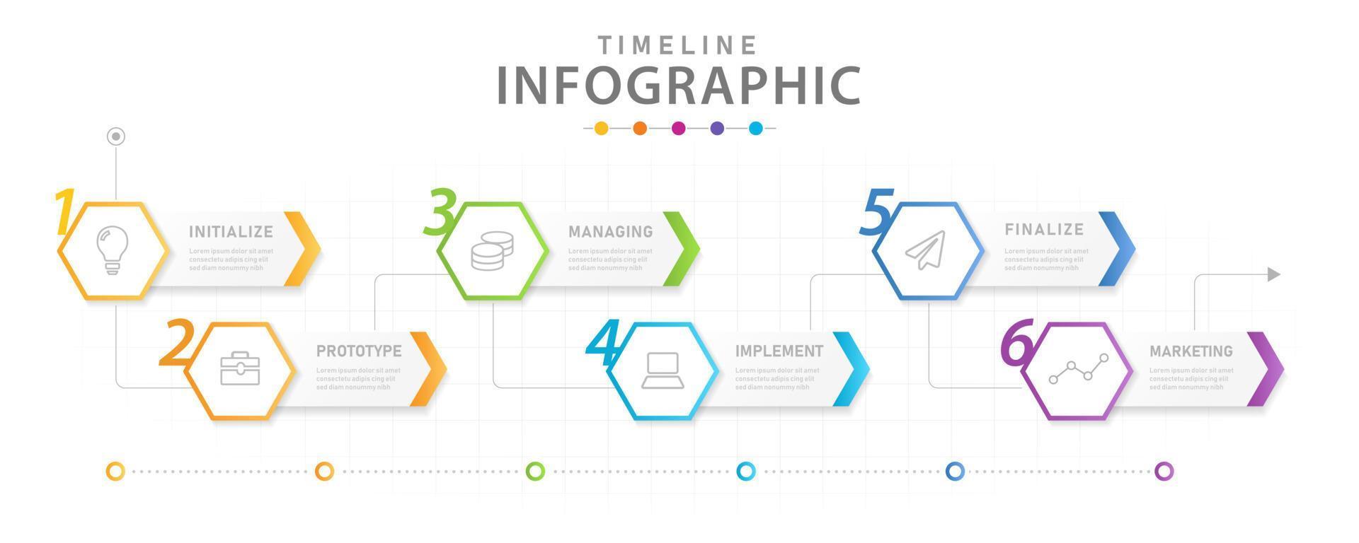 plantilla de infografía para negocios, diagrama de línea de tiempo moderno de 6 pasos con planificador de procesos. vector