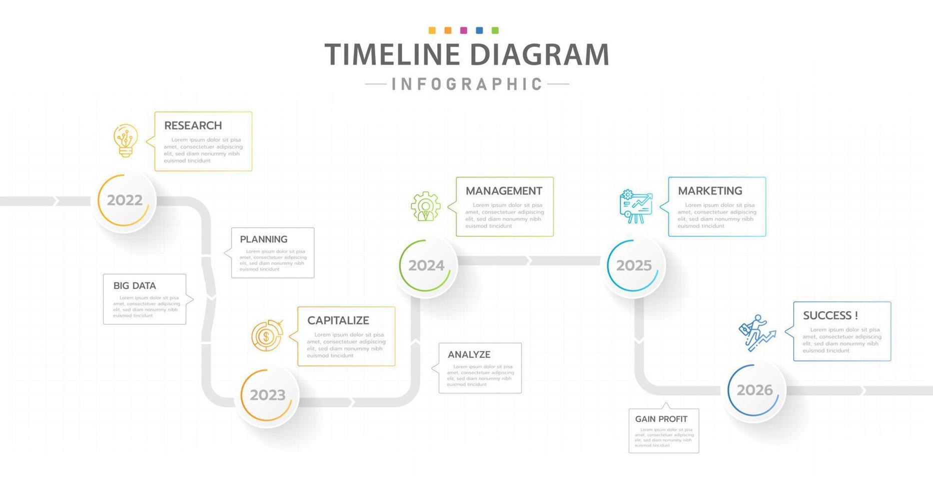 plantilla infográfica para negocios. Diagrama de línea de tiempo moderno de 5 pasos con temas de planificación, infografía vectorial de presentación. vector