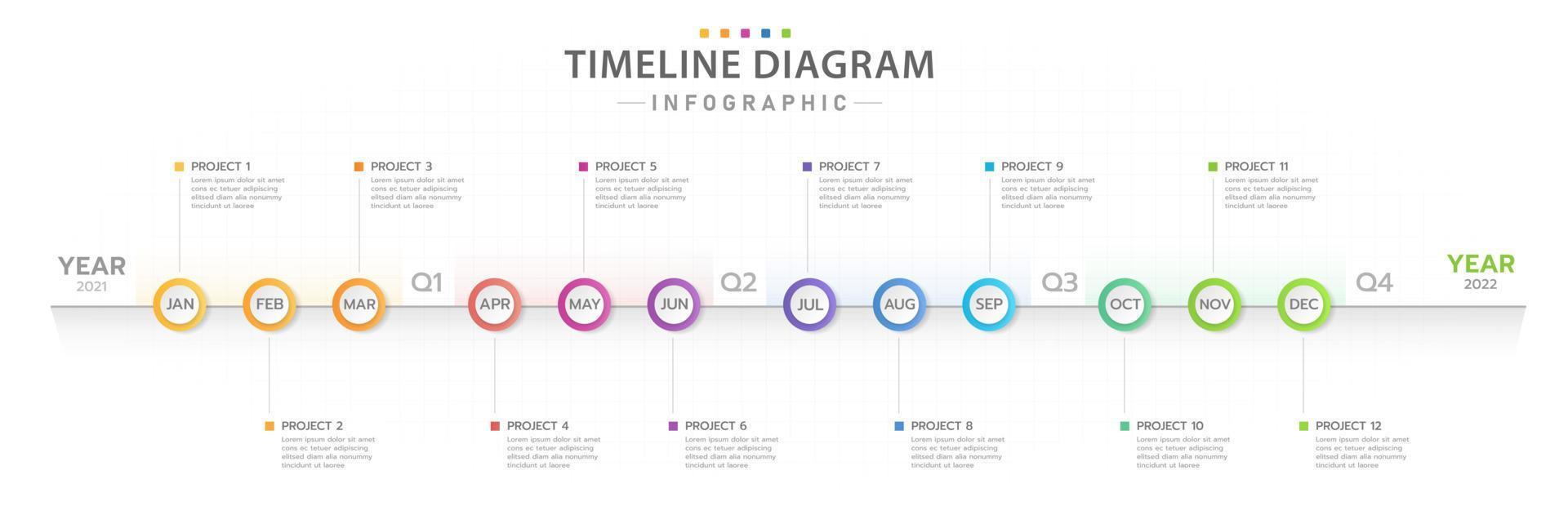 plantilla infográfica para negocios. Calendario de diagrama de línea de tiempo moderno de 12 meses, infografía vectorial de presentación. vector