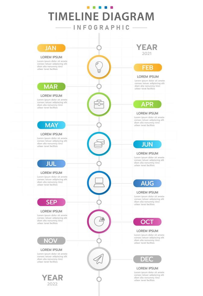 plantilla infográfica para negocios. Calendario de diagrama de línea de tiempo moderno de 12 meses, infografía vectorial de presentación. vector