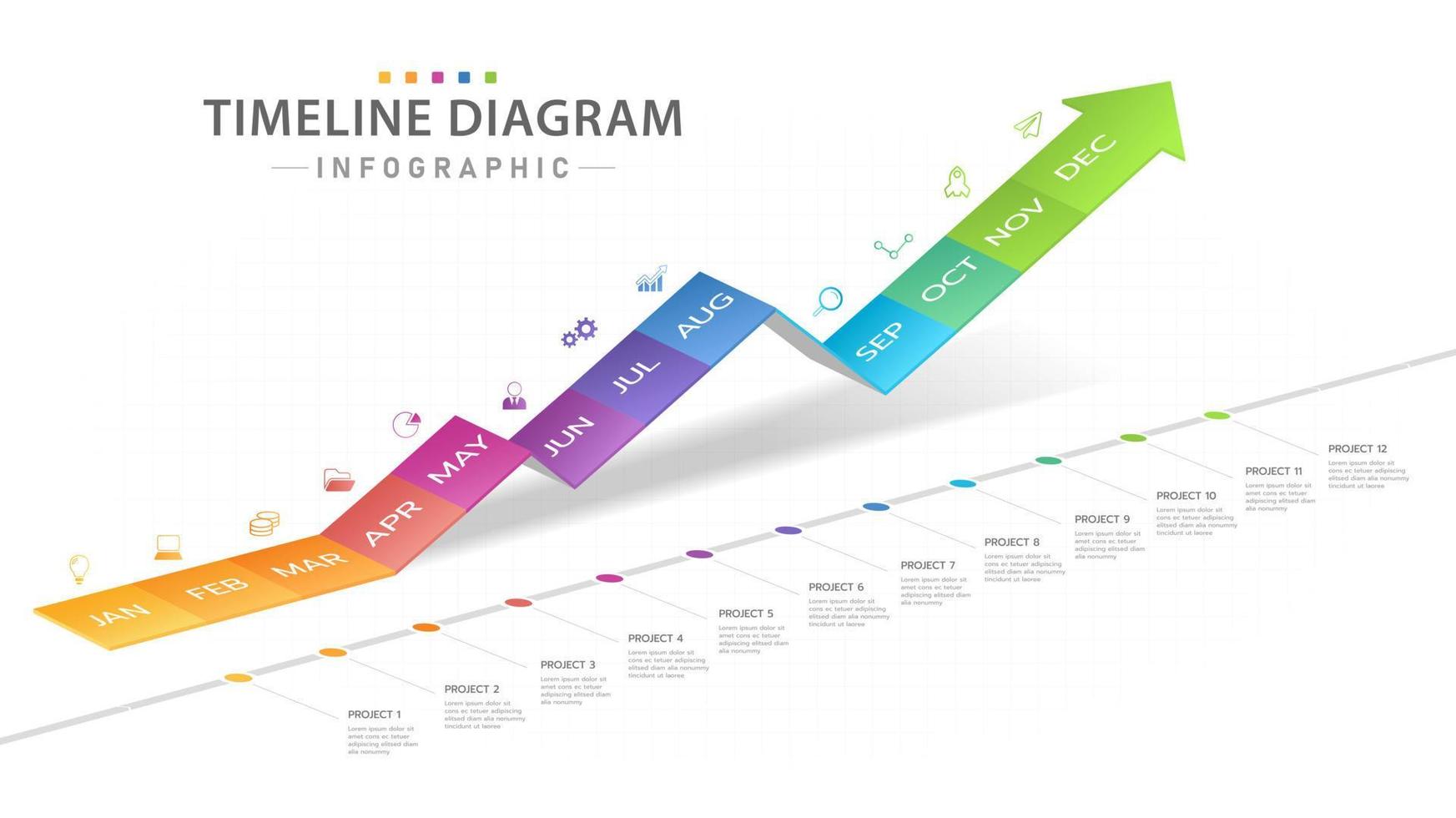 Infographic template for business. 12 Months modern Timeline diagram calendar with growth graph, presentation vector infographic.