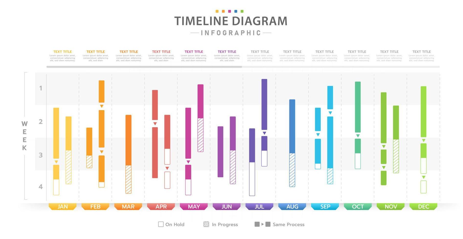 plantilla infográfica para negocios. Gráfico de Gantt de línea de tiempo moderno de 12 meses con barra de progreso vertical, infografía de vector de presentación.