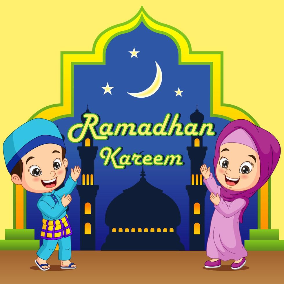 tarjeta de felicitación ramadan kareem con dibujos animados de niños musulmanes vector