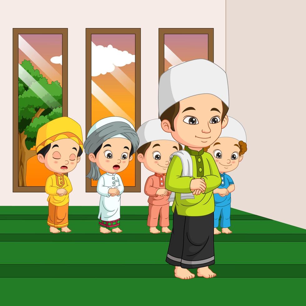 Muslim man and kid praying in a mosque vector