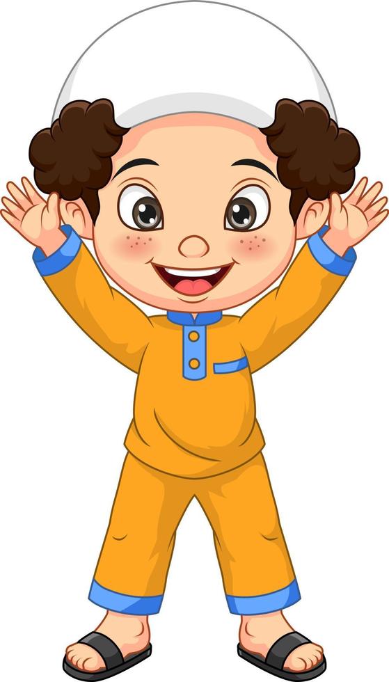 Happy muslim boy cartoon raising hands vector