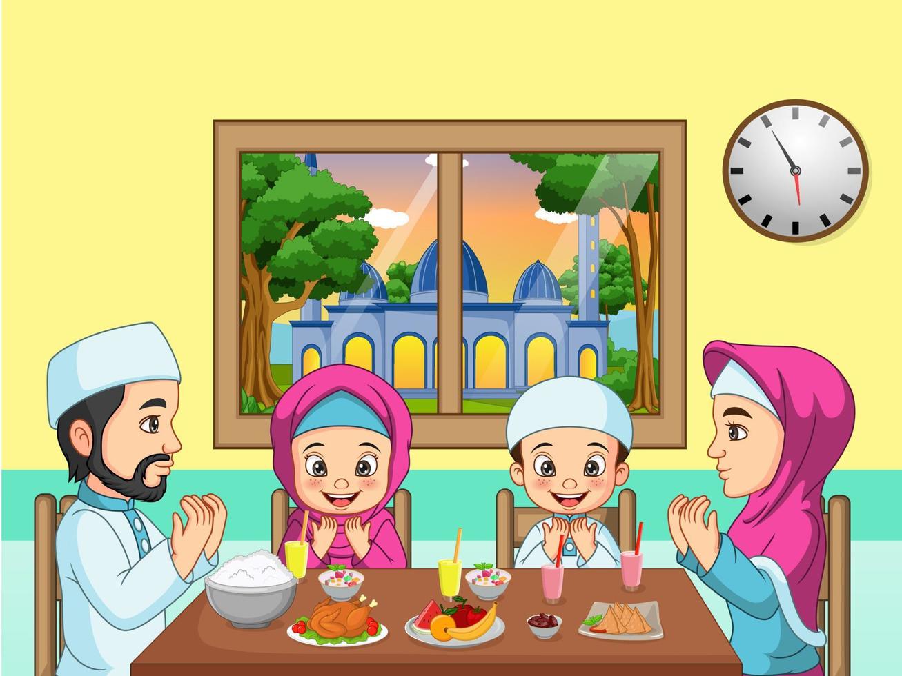 Muslim family praying together before Iftar vector