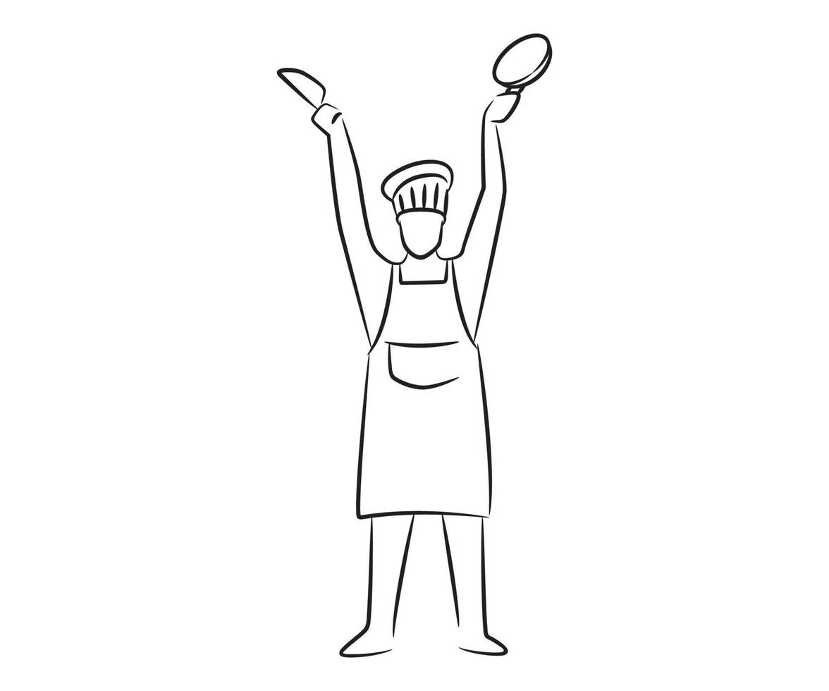 personaje de checf dibujado a mano con ilustración de línea de sartén y cuchillo vector