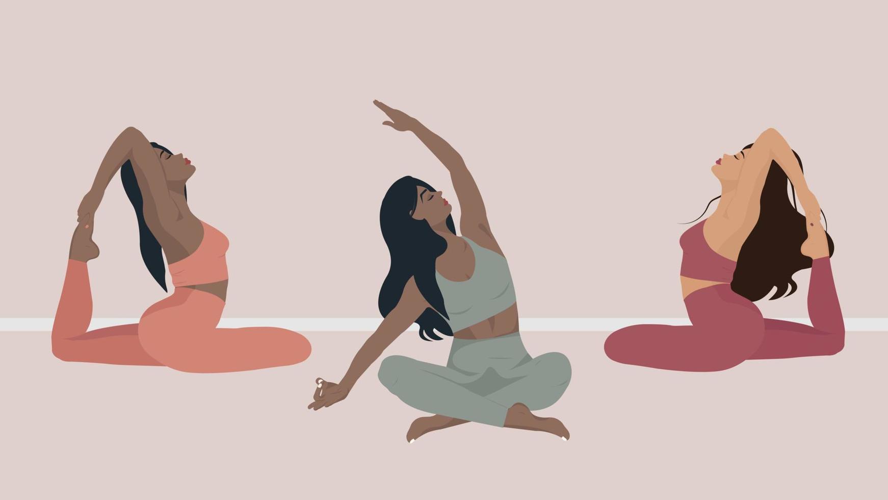 atención plena, meditación y fondo de yoga en colores pastel vintage con mujeres sentadas con las piernas cruzadas y meditando. ilustración vectorial vector