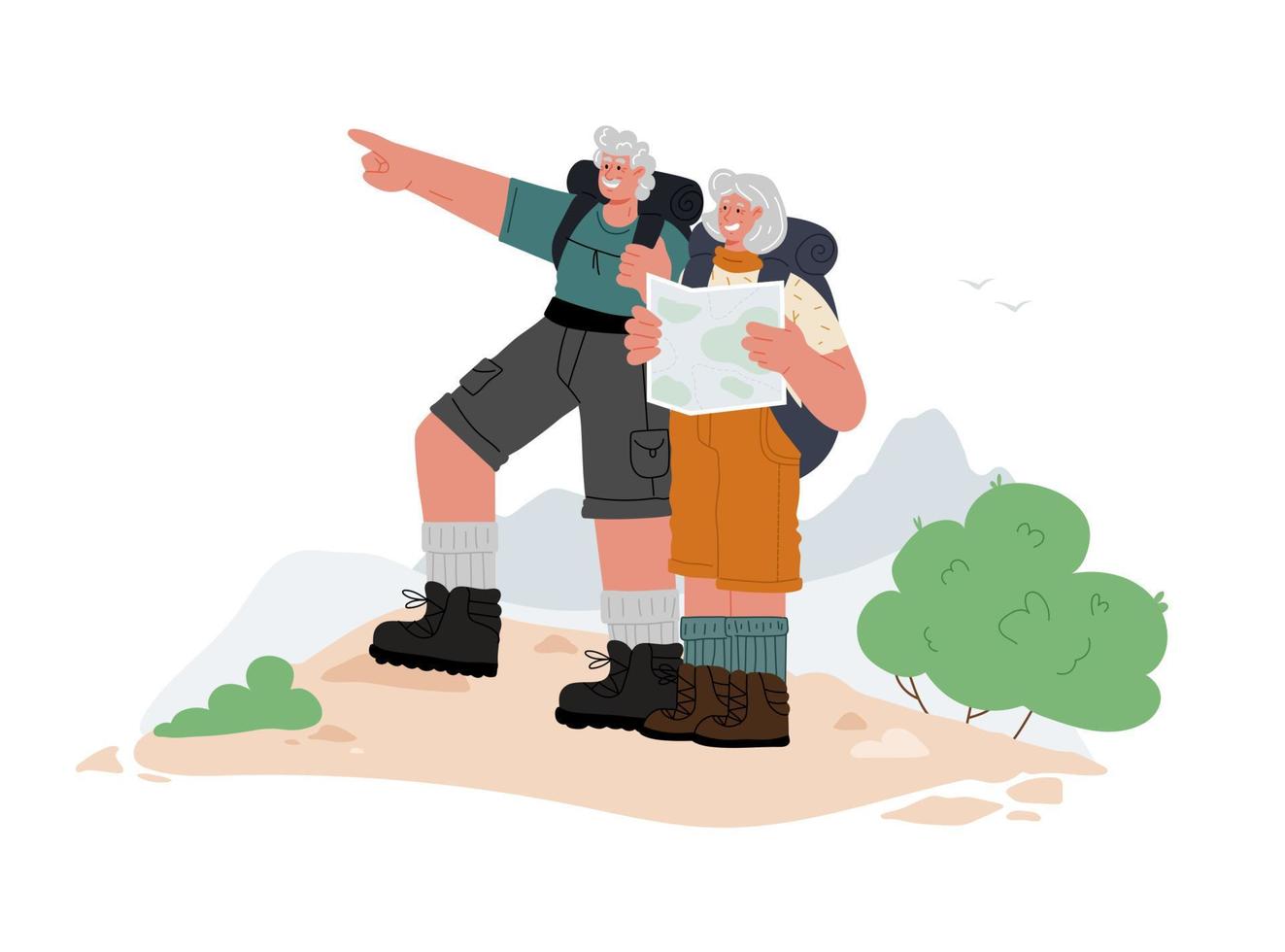 un par de ancianos escalando en las montañas. personas mayores con mochilas en las montañas. ilustración plana vectorial. vector