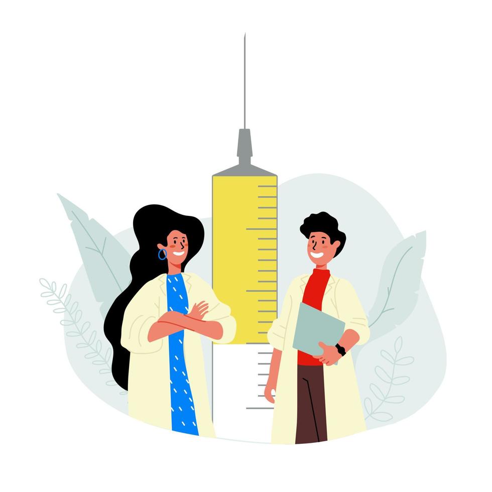 hombre y mujer médico sonriendo y de pie junto a la jeringa con vacuna.vector ilustración plana vector