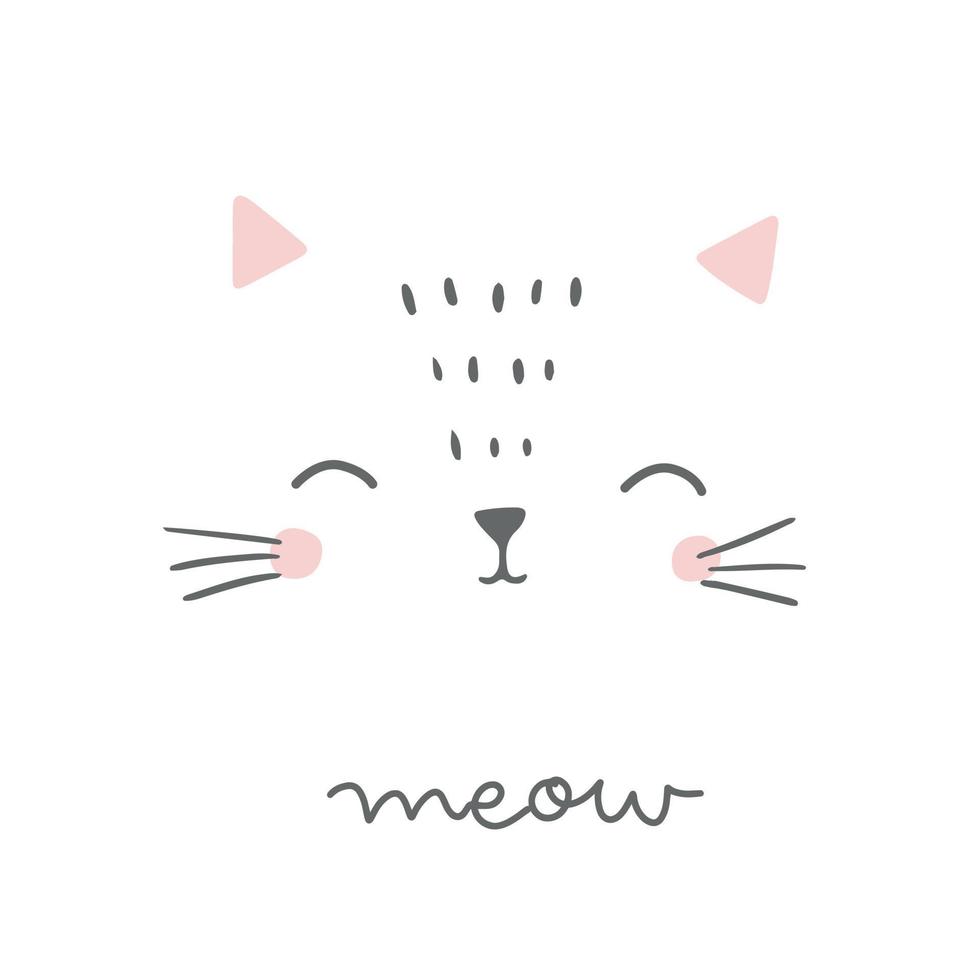 Cute cat face in hand drawn style with hand lettering meow. Cute cat face. Girl children vector doodle illustration.