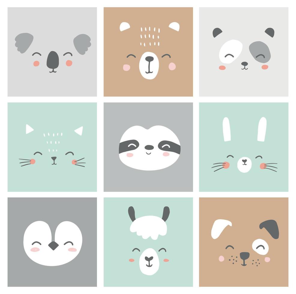 Cute simple animal faces portraits - hare, bear, sloth, cat, koala, alpaca, llama, panda, penguin, dog. Designs for baby clothes. Hand drawn characters. Vector illustration.