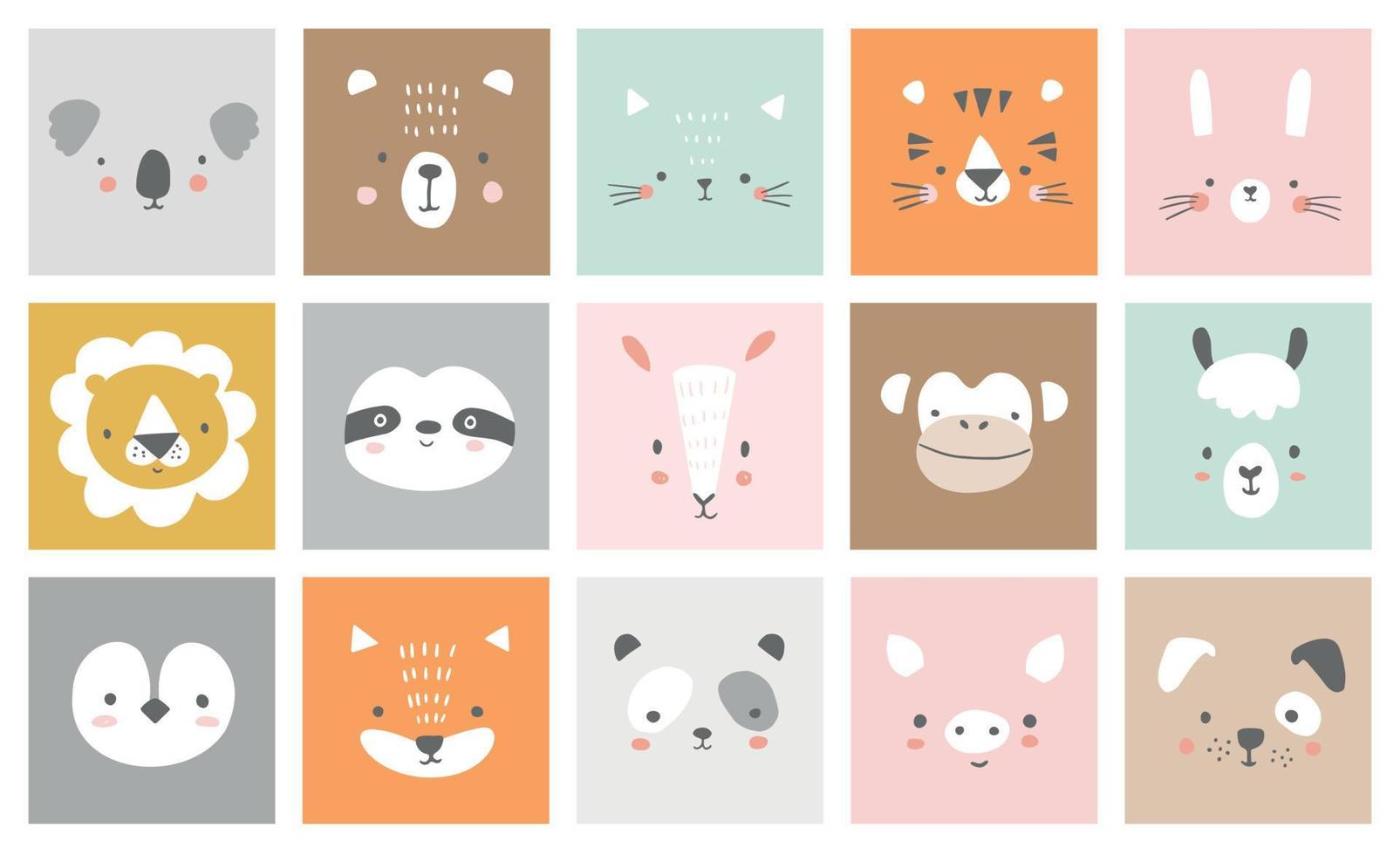 Cute simple animal portraits - hare, tiger, bear, sloth, cat, koala, fox, alpaca, llama, panda, penguin, lion, dog, goat, pig. Designs for baby clothes. Hand drawn characters. Vector illustration.