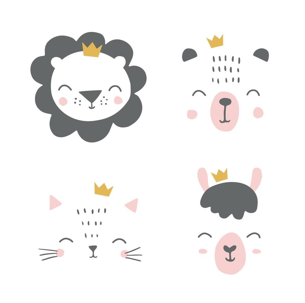 Cute simple animal portraits with crowns - bear, cat, alpaca, llama. Designs for baby clothes, posters, greeting card. Hand drawn characters. Vector illustration.