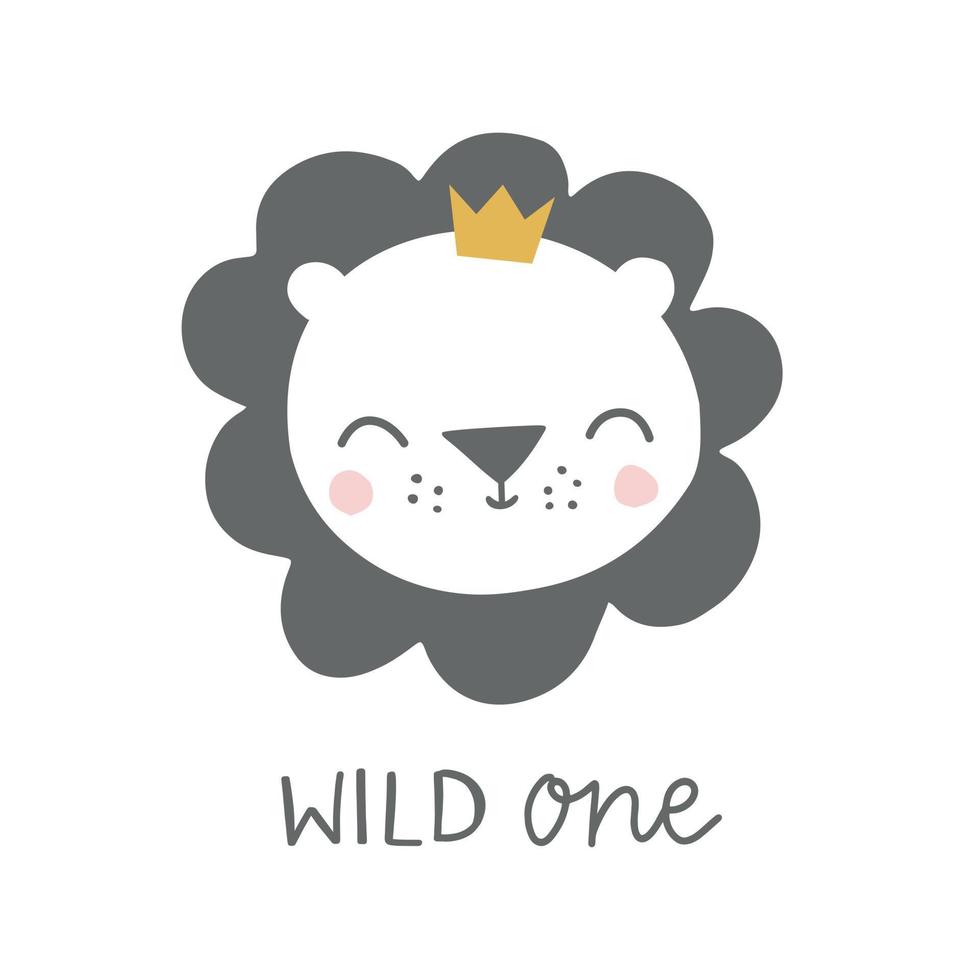Wild one lion with crown kids illustration. Baby lion animal character. Illustration for baby kids poster, nursery wall art, card, invitation, birthday, apparel. vector