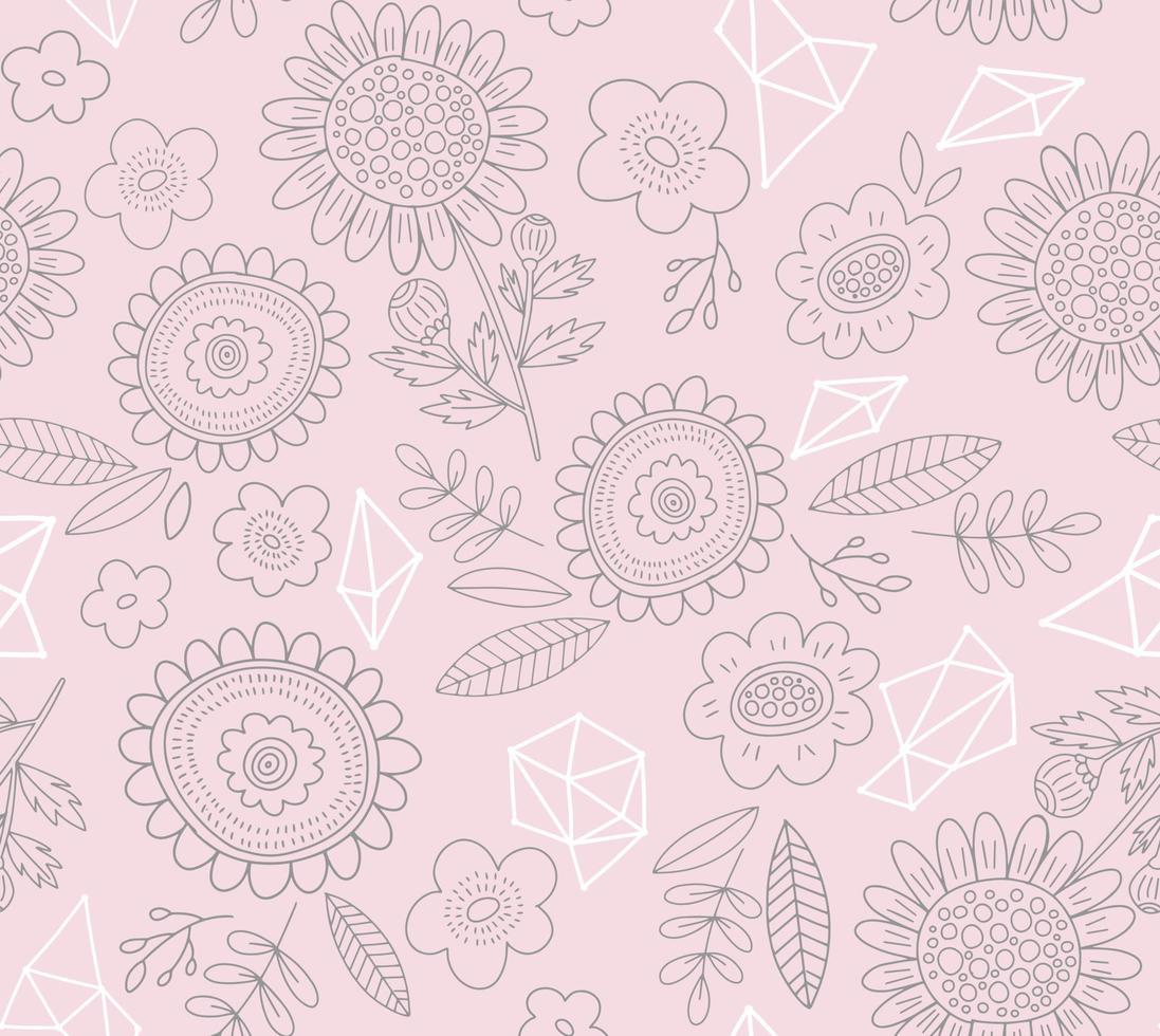 Vector hand drawn floral pattern. Doodle seamless spring background with flowers, leaves and linear geometric shapes. Subtle, girly print design.