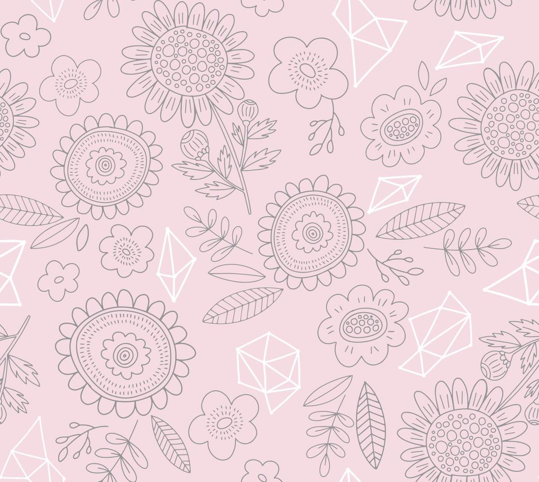 vector patrón floral dibujado a mano. Doodle fondo de primavera sin costuras con flores, hojas y formas geométricas lineales. diseño de estampado sutil y femenino.