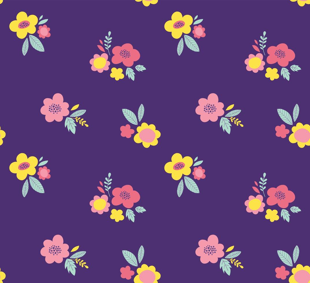 Floral vector pattern. Cute ditsy flower seamless background. Small flowers on dark navy background.