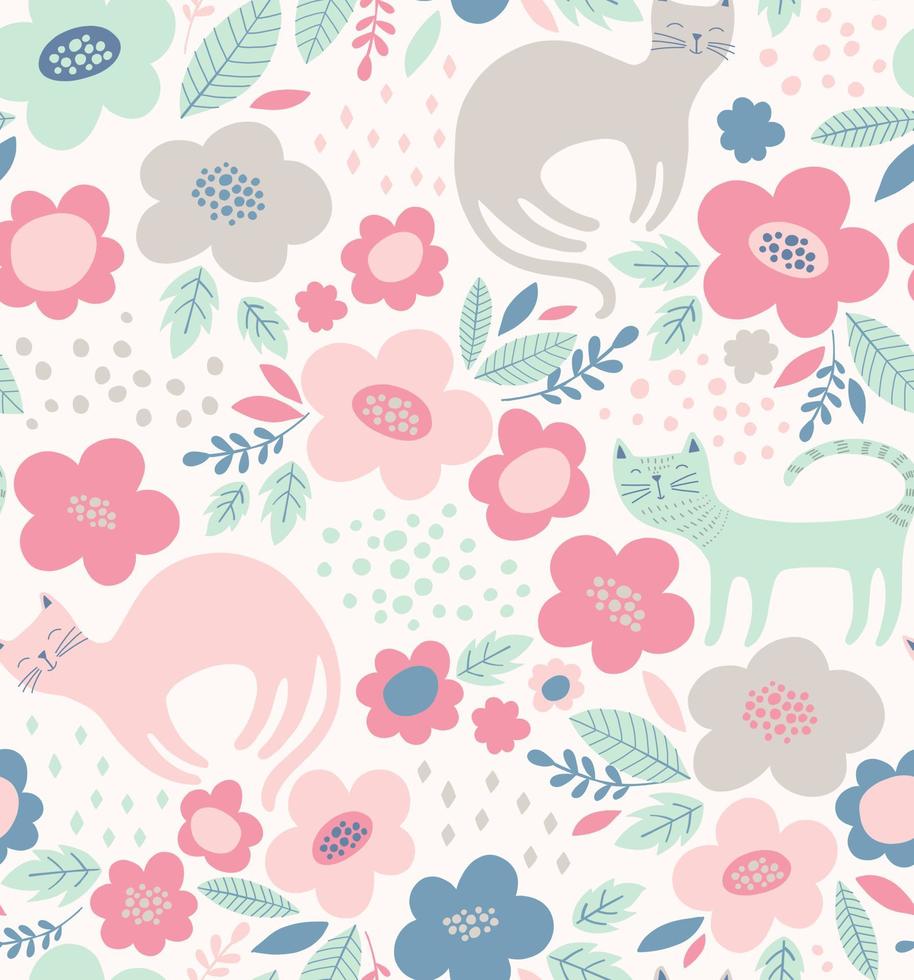 lindo patrón floral con gatos. fondo de vector de flor de primavera en delicados colores pastel.