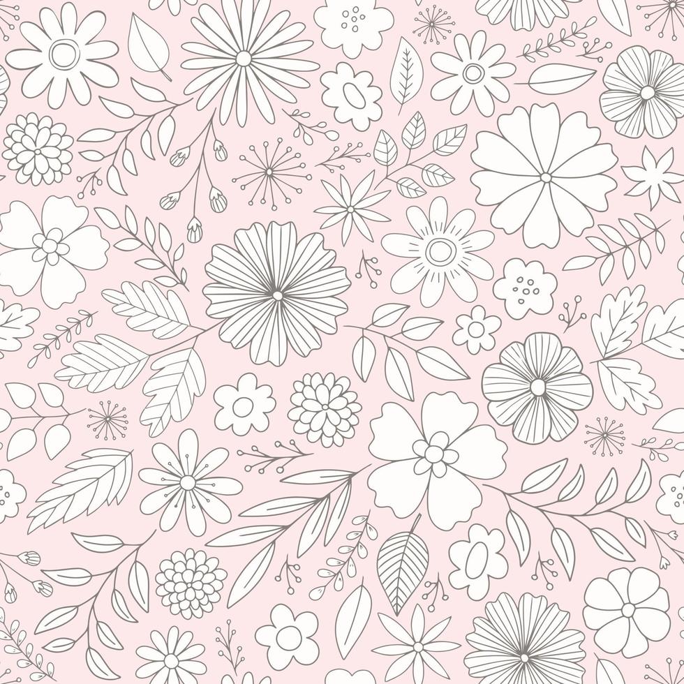 Cute floral pattern. Seamless vector background with flowers, leaves and branches.