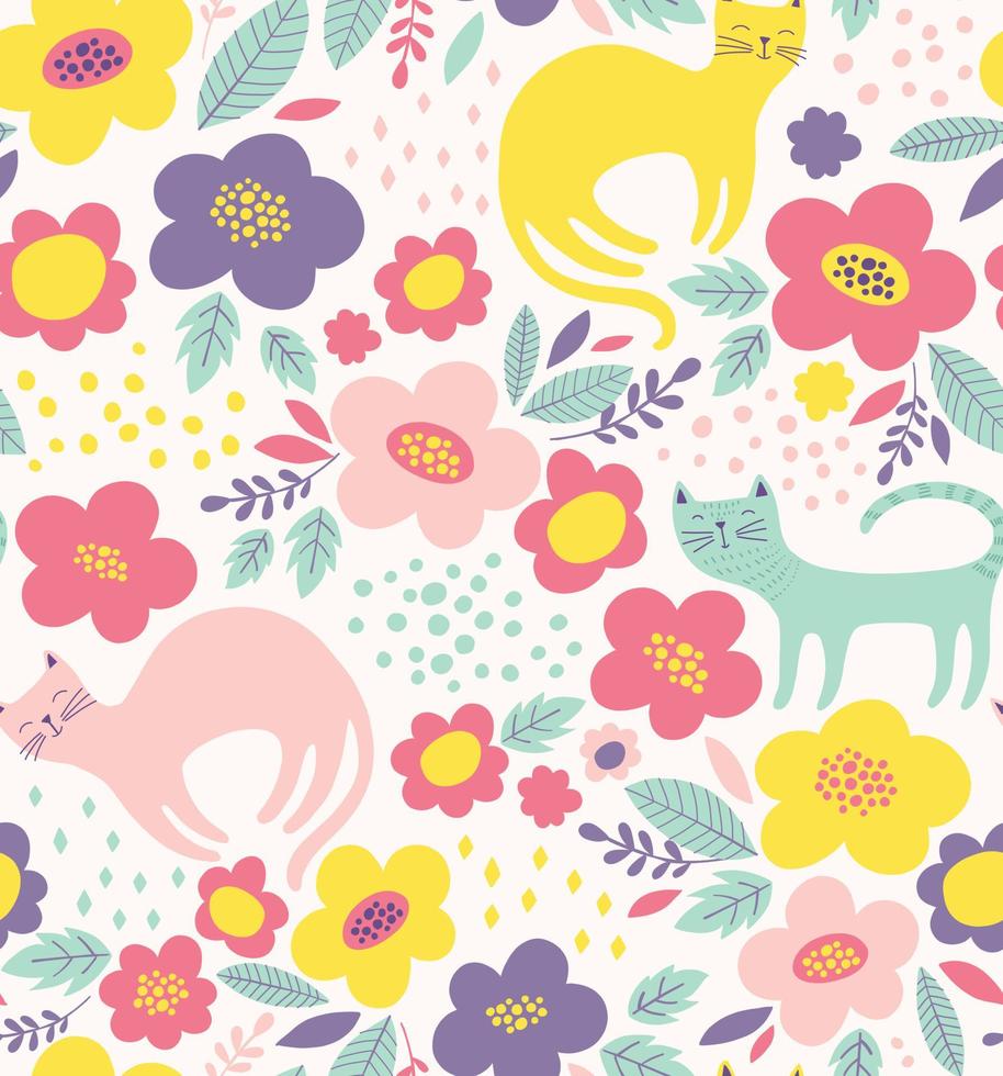 lindo patrón floral con gatos. fondo de vector de flores de colores.
