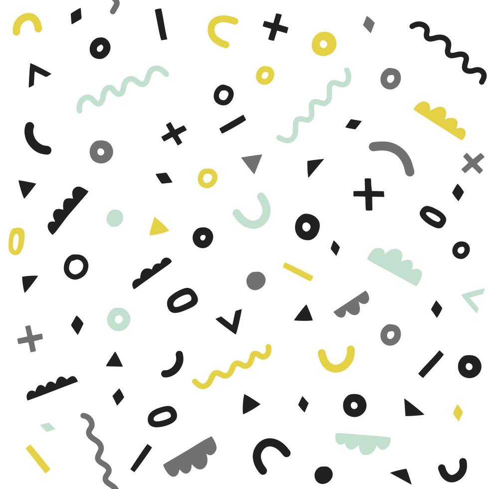 Geometric abstract vector pattern in memphis style. Hipster seamless background with linear shapes. Lines, dots, circles, zig zags, triangles.