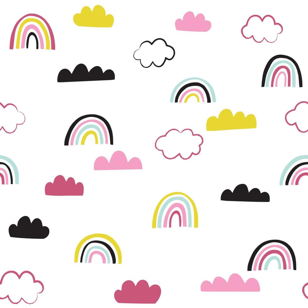 arco iris y nubes de patrones sin fisuras. Lindo garabato infantil ilustración vectorial. Fondo inconformista. vector