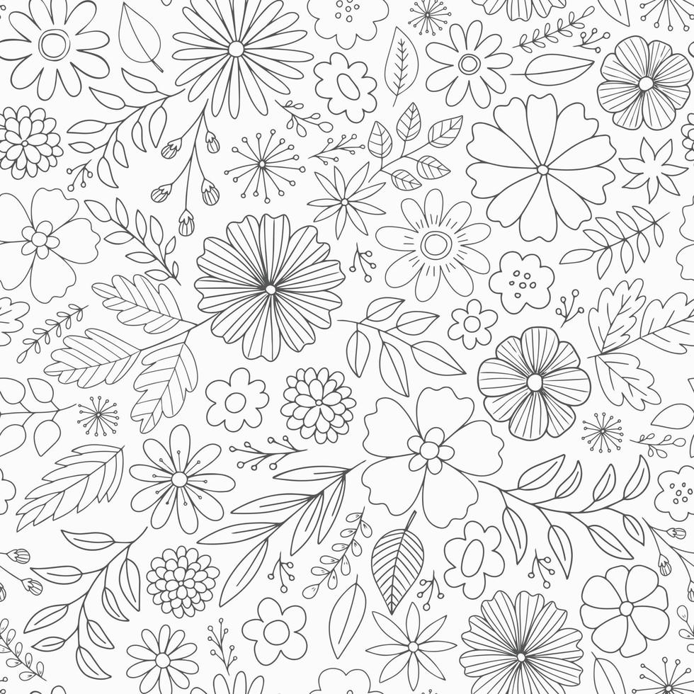 Patrón vectorial floral dibujado a mano con flores, hojas y ramas. Doodle sutil fondo transparente. vector