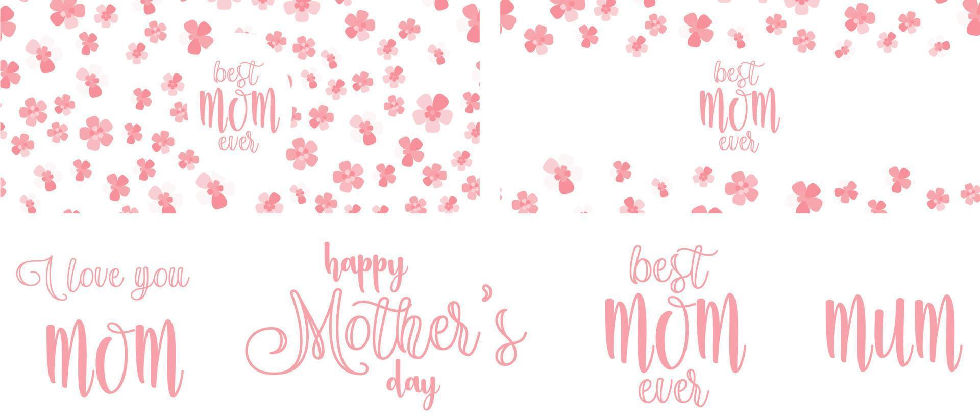 Set of pink sakura backgrounds and simple mommy love lettering. I love you MOM and MUM quotes for postcard design vector