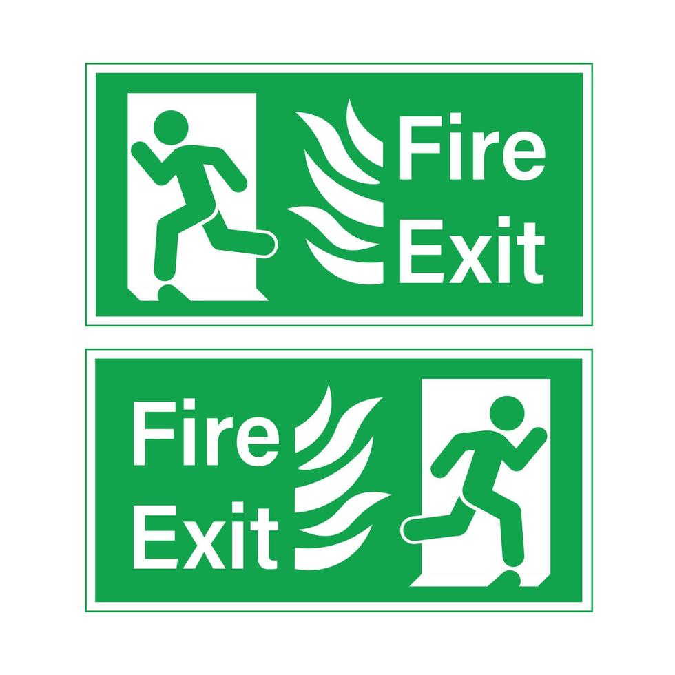 Fire exit green evacuation signs with human and door vector