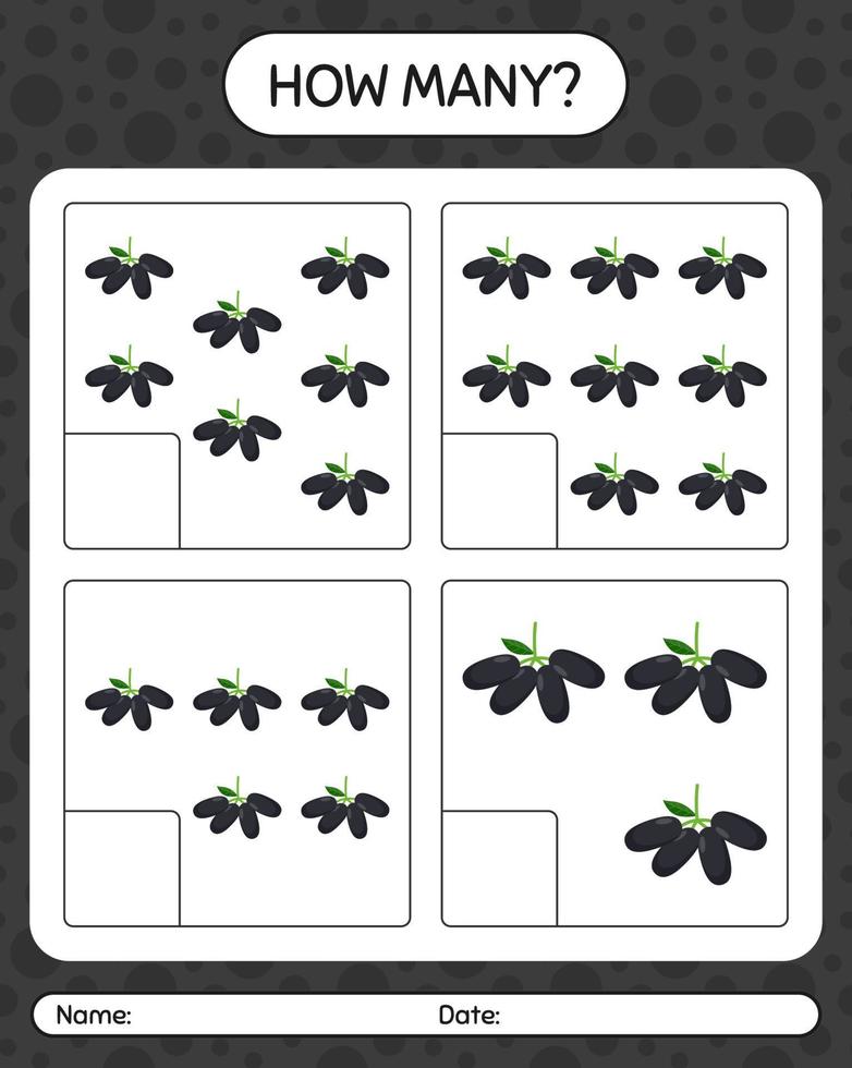 How many counting game with jambolan worksheet for preschool kids, kids activity sheet, printable worksheet vector