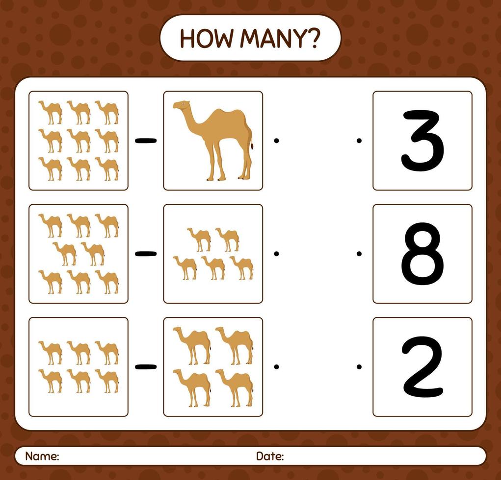How many counting game with camel. worksheet for preschool kids, kids activity sheet, printable worksheet vector