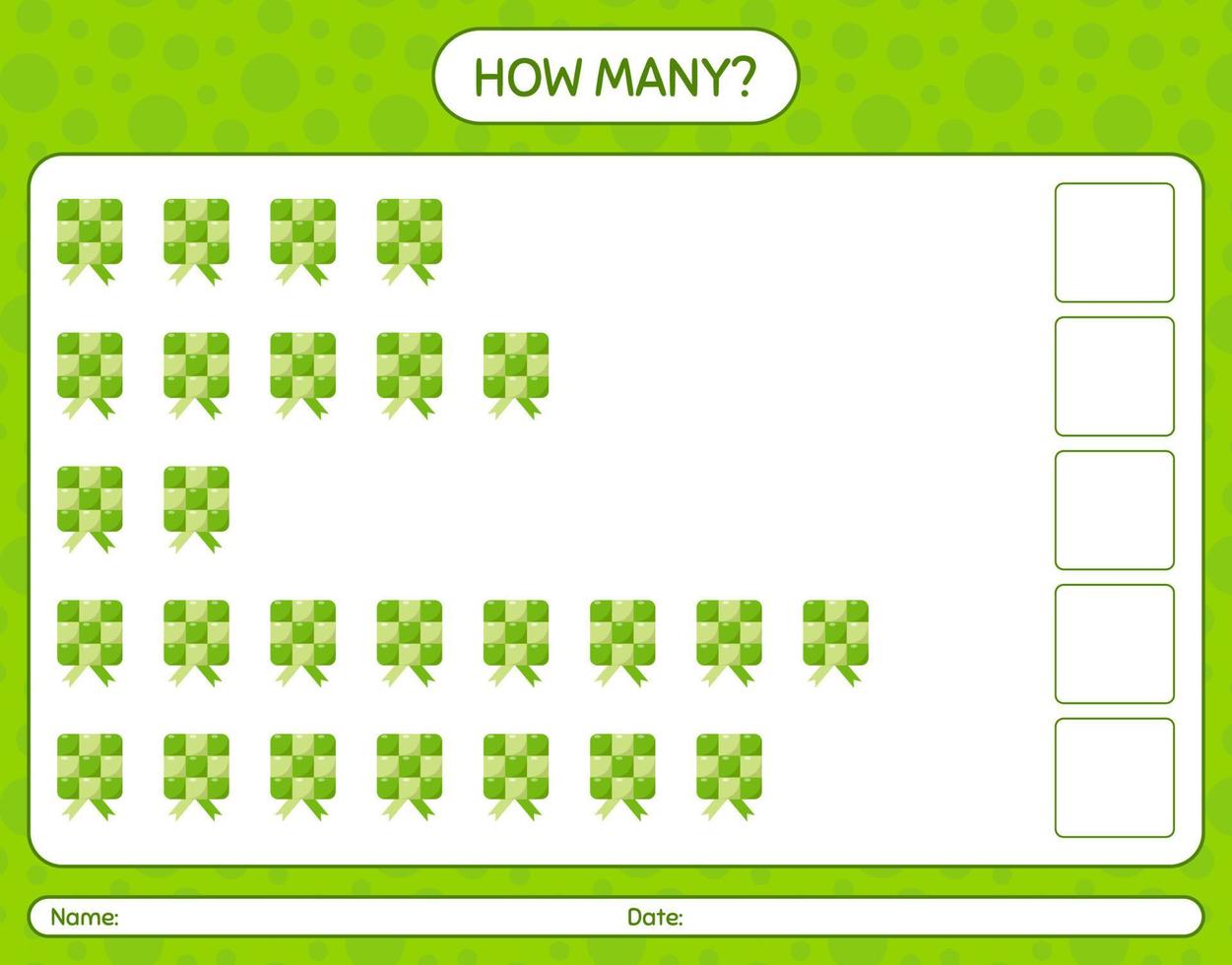 How many counting game with ketupat. worksheet for preschool kids, kids activity sheet, printable worksheet vector