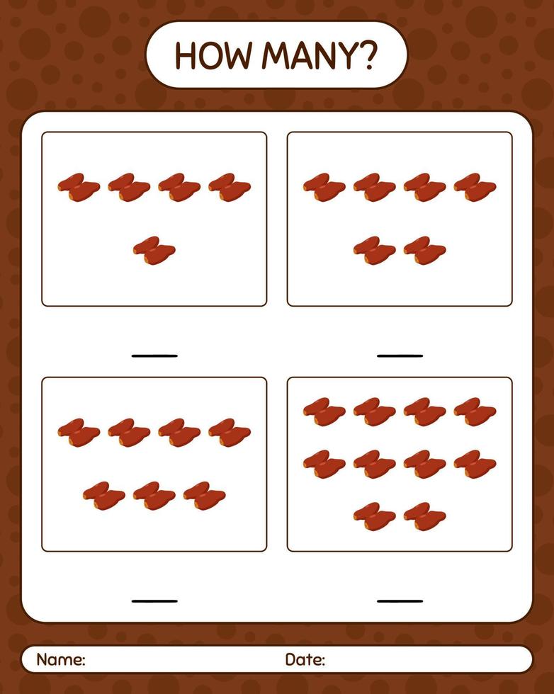 How many counting game with dates fruit. worksheet for preschool kids, kids activity sheet, printable worksheet vector