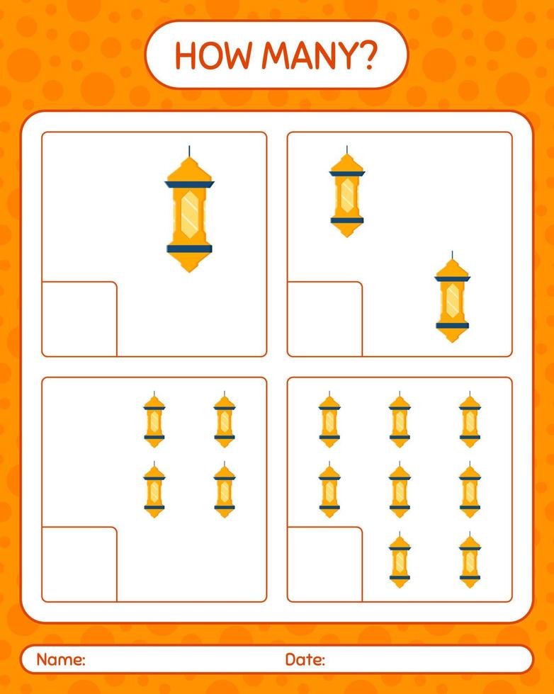 How many counting game with arabic lantern. worksheet for preschool kids, kids activity sheet, printable worksheet vector