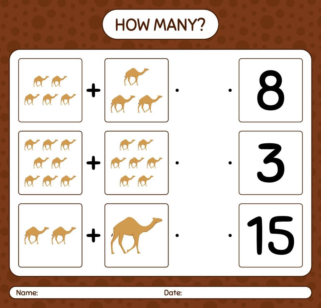 How many counting game with camel. worksheet for preschool kids, kids activity sheet, printable worksheet vector