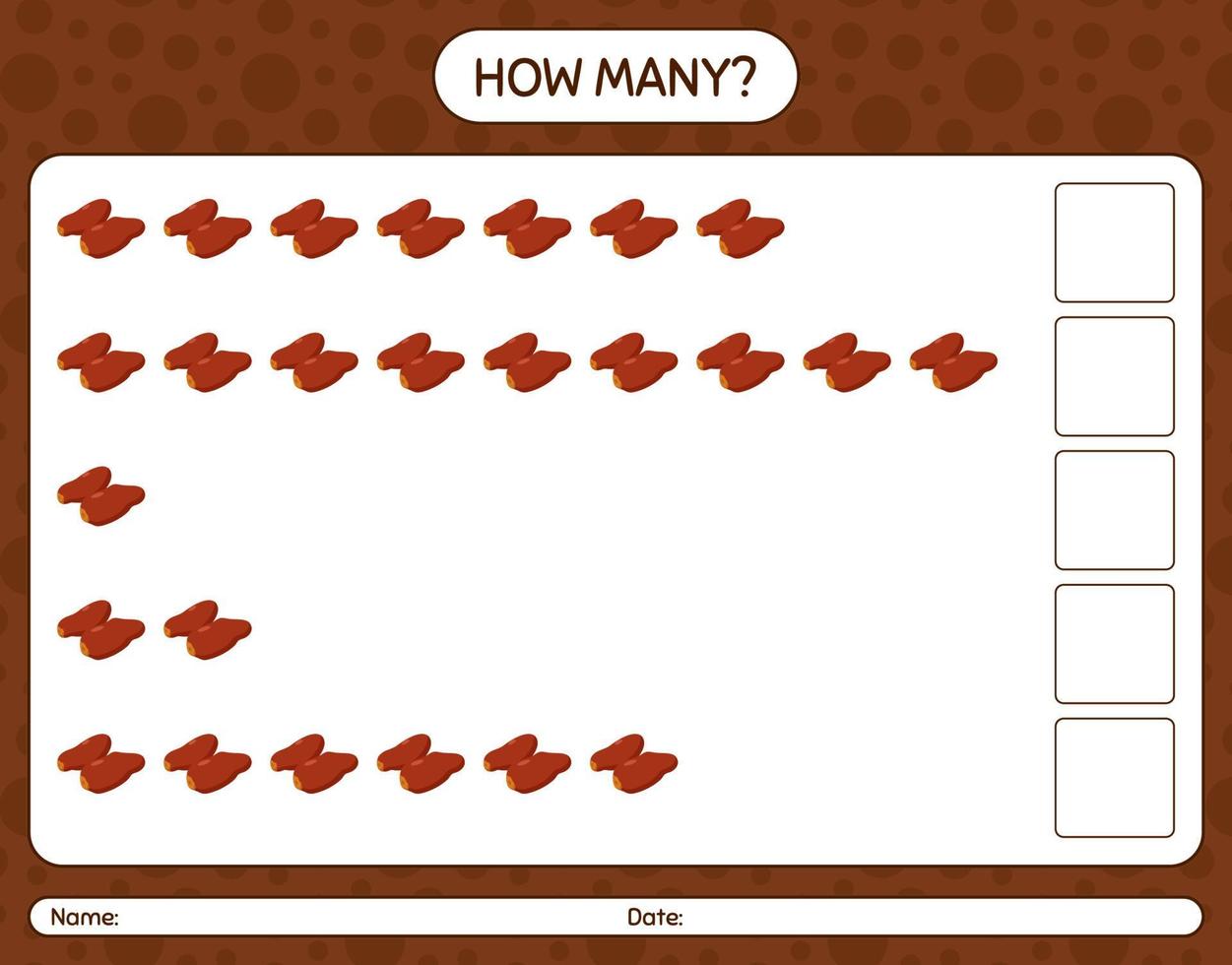 How many counting game with dates fruit. worksheet for preschool kids, kids activity sheet, printable worksheet vector