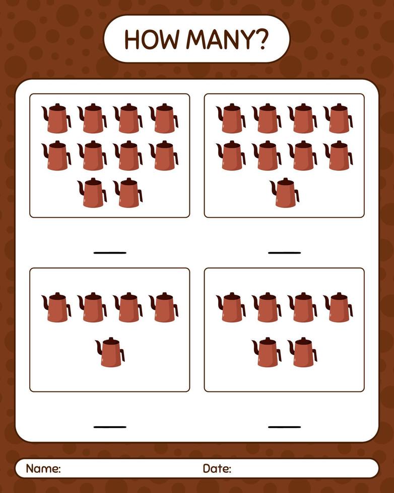 How many counting game with arabic teapot. worksheet for preschool kids, kids activity sheet, printable worksheet vector