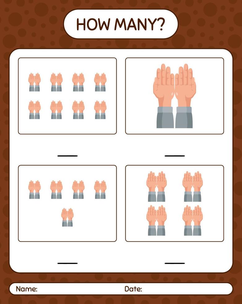 How many counting game with praying. worksheet for preschool kids, kids activity sheet, printable worksheet vector