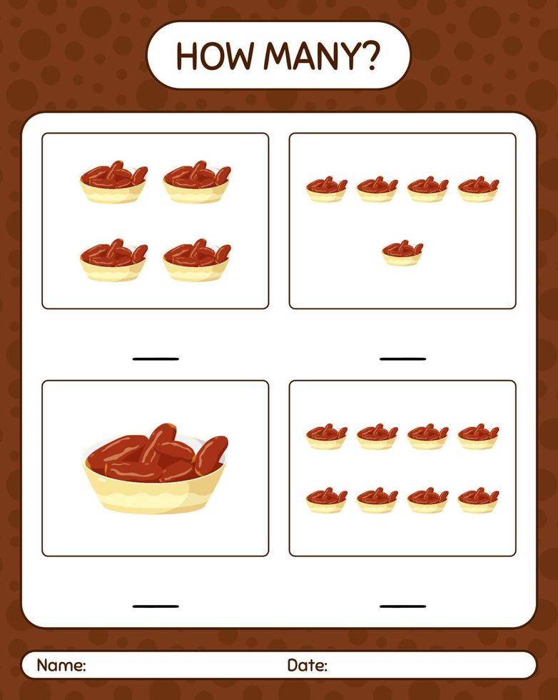 How many counting game with bowl of dates. worksheet for preschool kids, kids activity sheet, printable worksheet vector