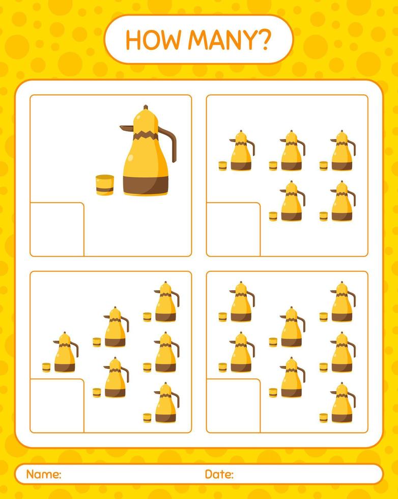 How many counting game with arabic teapot. worksheet for preschool kids, kids activity sheet, printable worksheet vector
