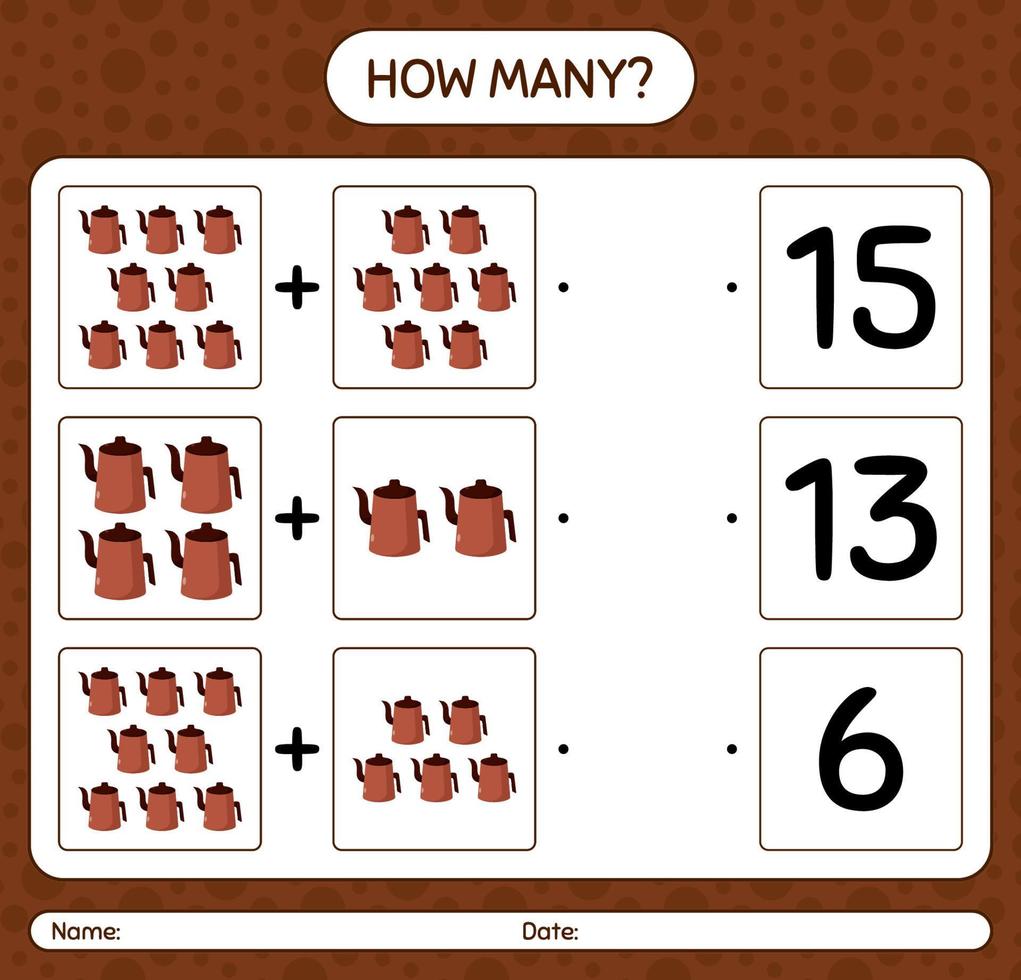How many counting game with arabic teapot. worksheet for preschool kids, kids activity sheet, printable worksheet vector