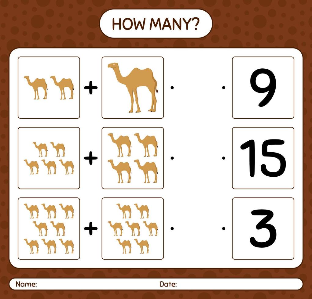 How many counting game with camel. worksheet for preschool kids, kids activity sheet, printable worksheet vector