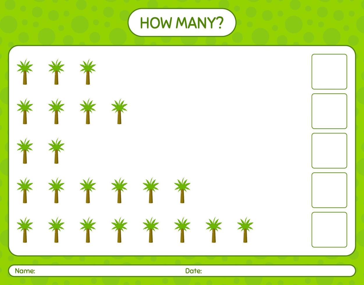 How many counting game with palm tree. worksheet for preschool kids, kids activity sheet, printable worksheet vector