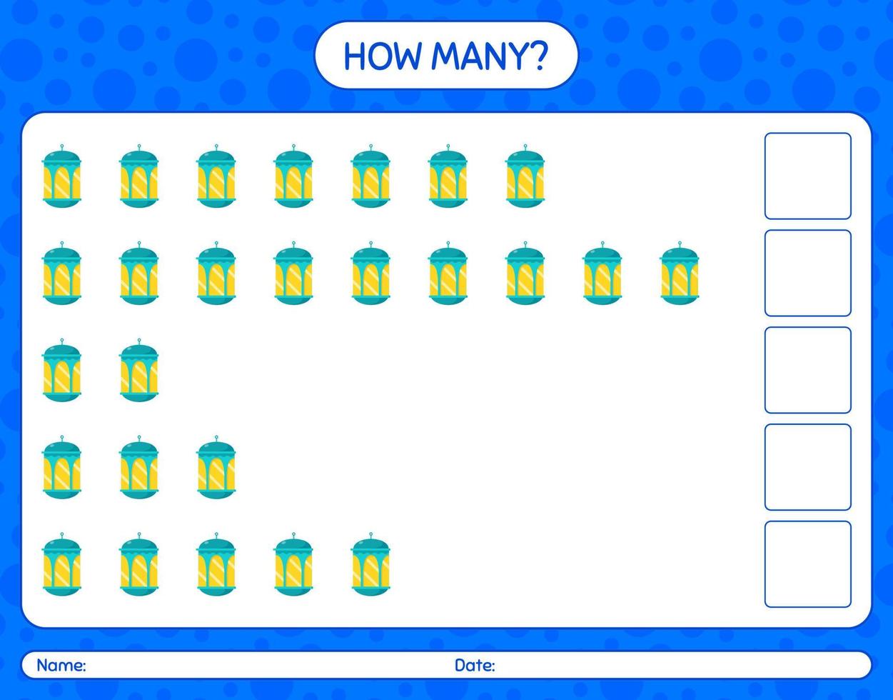 How many counting game with arabic lantern. worksheet for preschool kids, kids activity sheet, printable worksheet vector