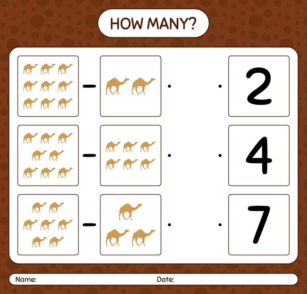 How many counting game with camel. worksheet for preschool kids, kids activity sheet, printable worksheet vector