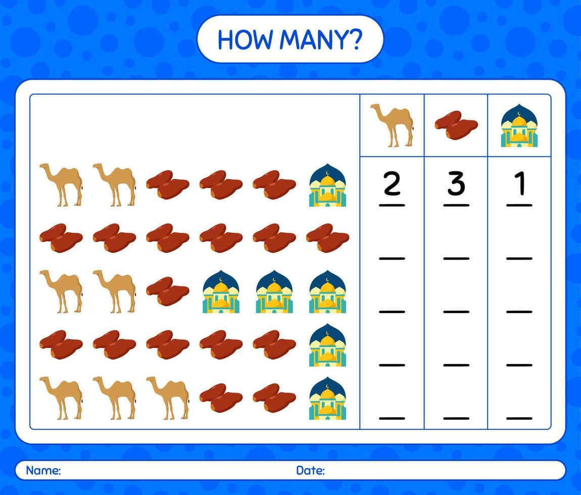 How many counting game with ramadan icon. worksheet for preschool kids, kids activity sheet, printable worksheet vector
